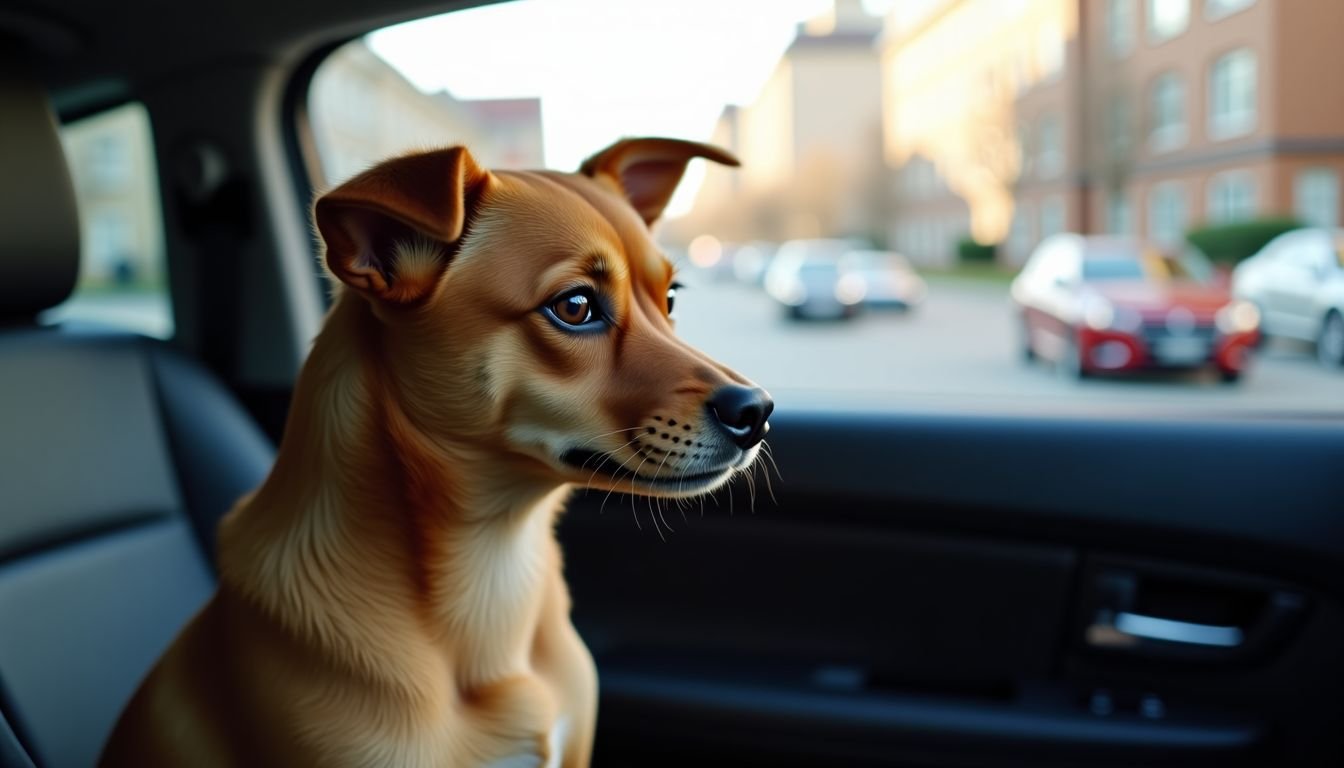A small brown dog nervously looks out the car window.