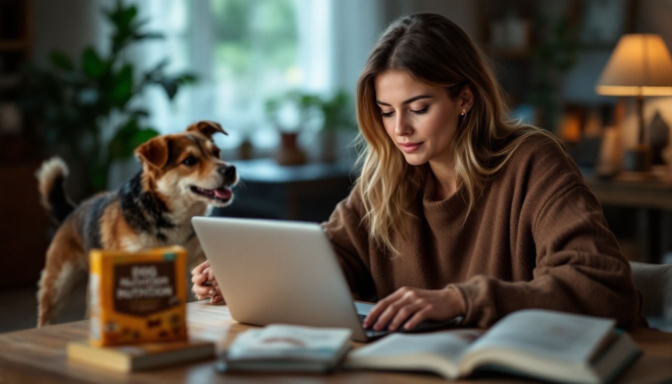 A woman researches dog food options while her pet plays nearby.