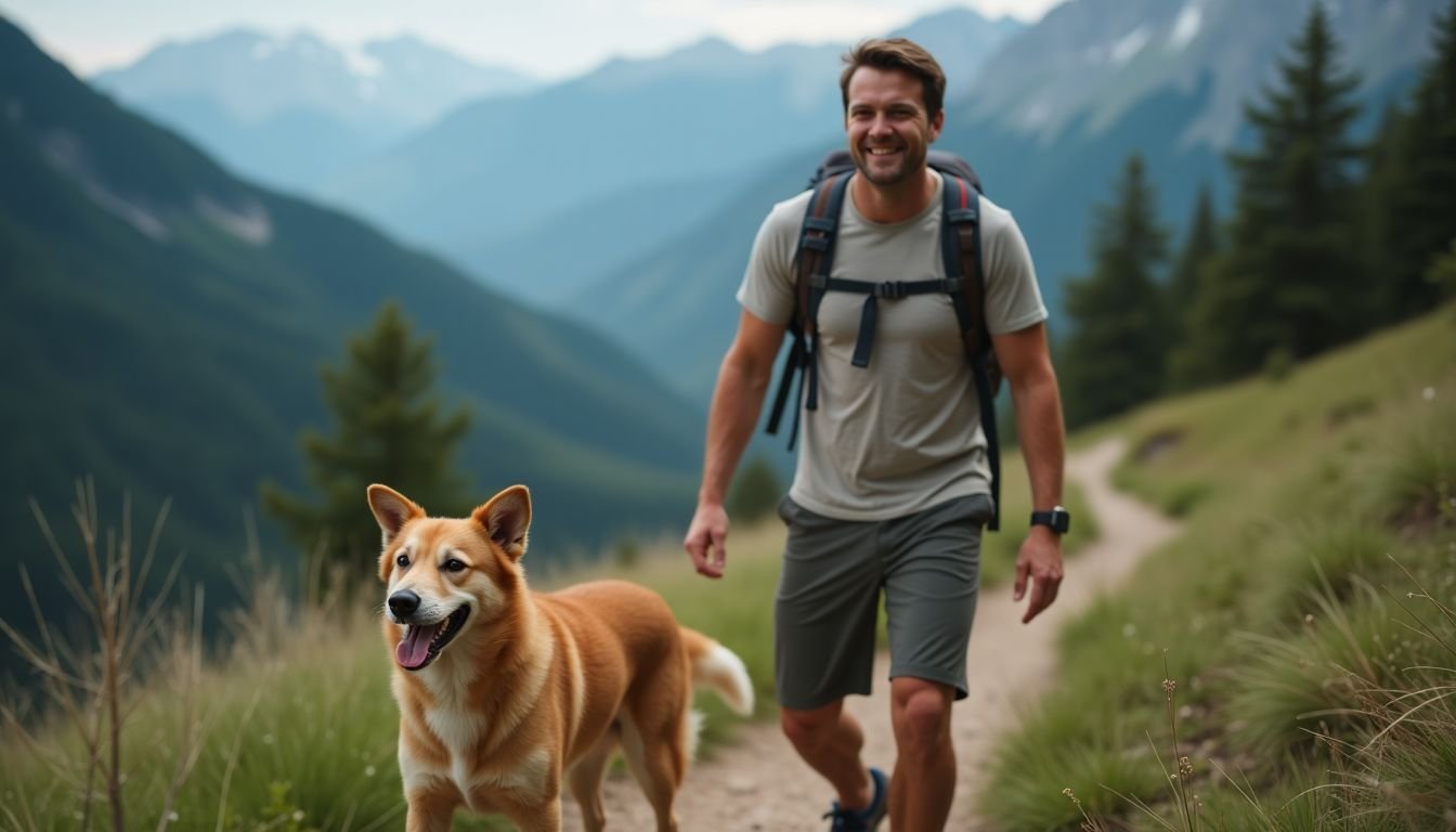 A man and his dog hiking on a mountain trail. A man and his dog hiking on a mountain trail.