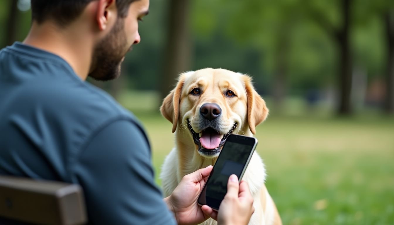 A dog owner updates photos of their playful Labrador at the park.