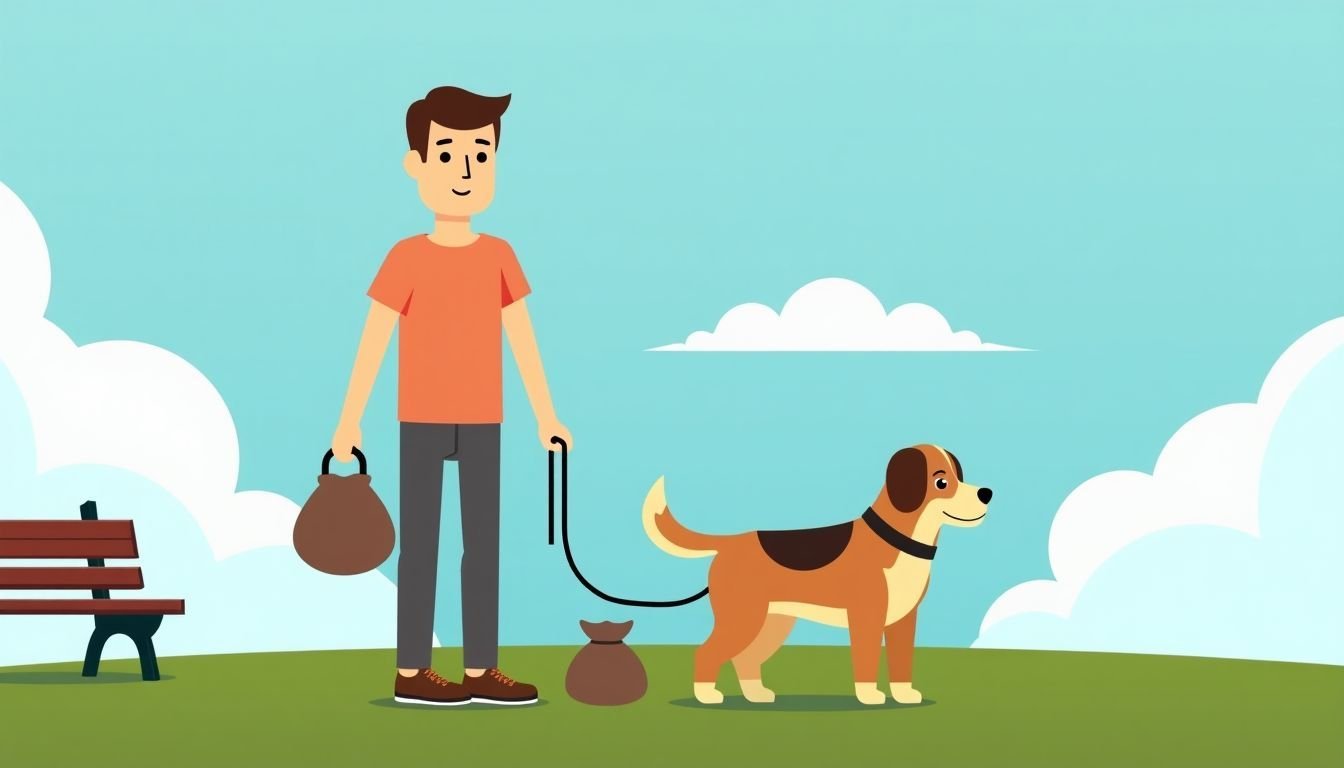 A dog owner standing in a grassy field with their dog.