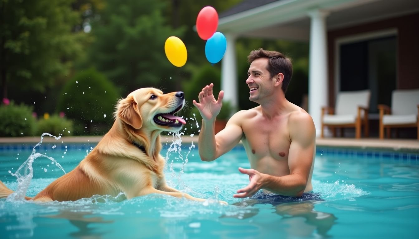 A man plays with his energetic golden retriever in a backyard pool. A man plays with his energetic golden retriever in a backyard pool.