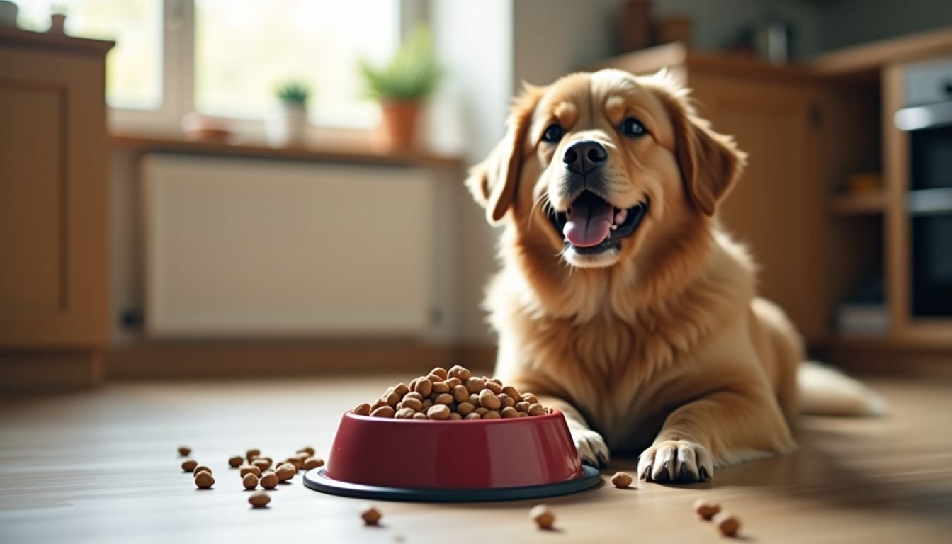 An overweight dog eagerly looks at a bowl of weight management dog food.