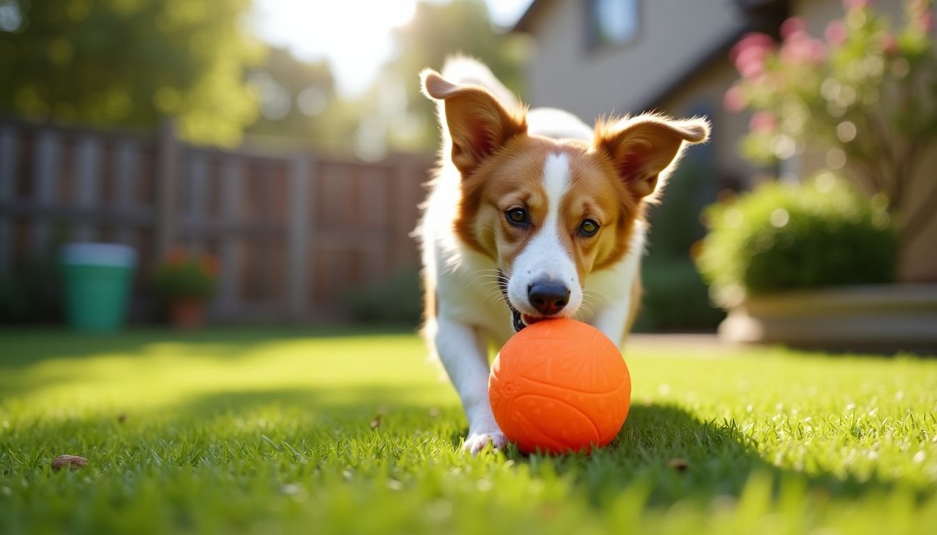 A playful dog enjoys an engaging Zogoflex Qwizl Treat Toy in a sunny backyard.