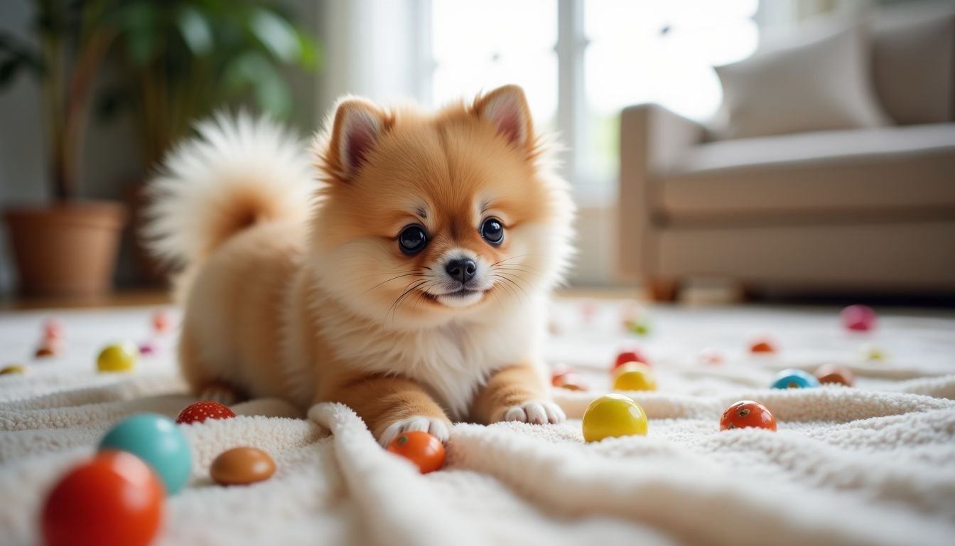 A playful Pomeranian puppy surrounded by toys in a cozy living room.