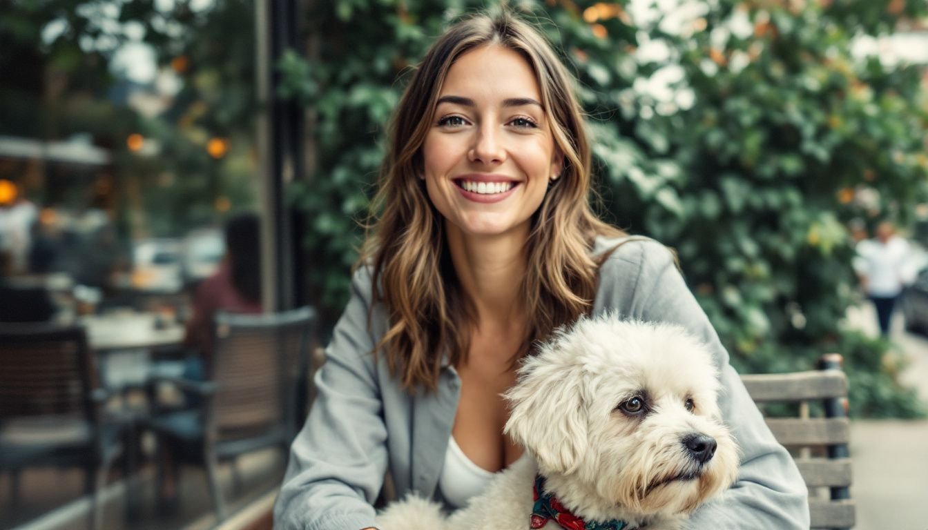 A woman with a small white dog at an outdoor cafe.