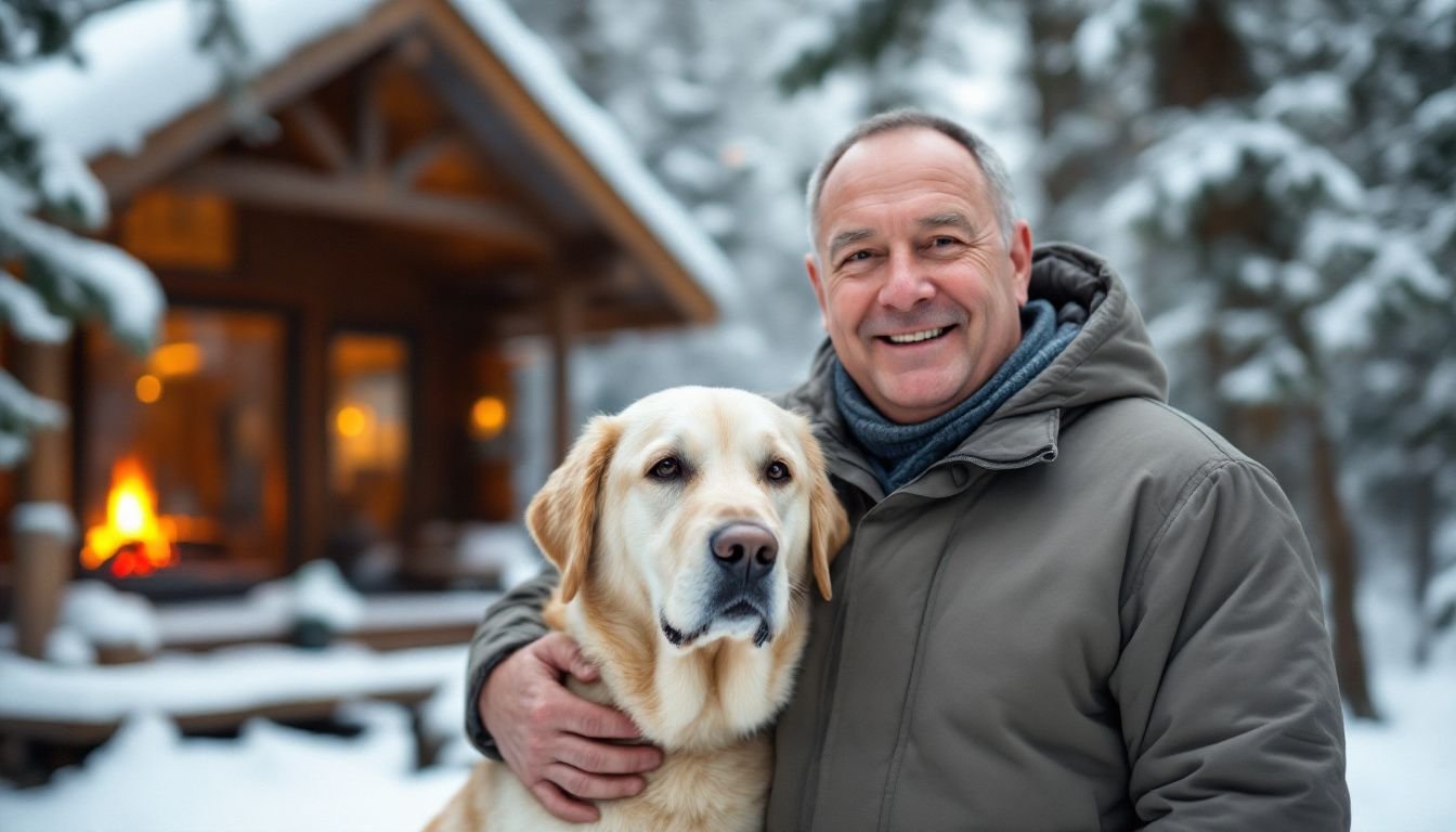 A man and his Labrador retriever enjoying a winter cabin retreat. A man and his Labrador retriever enjoying a winter cabin retreat.