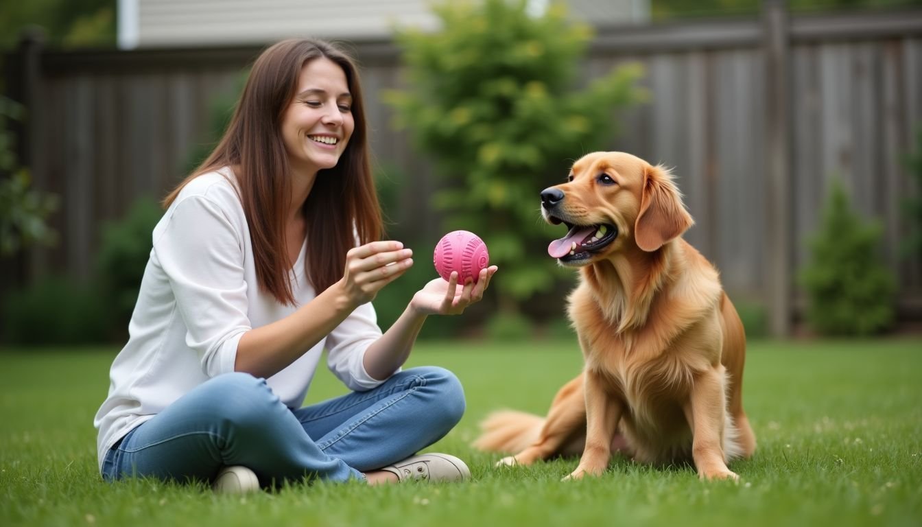 A woman playing with a golden retriever in a backyard.