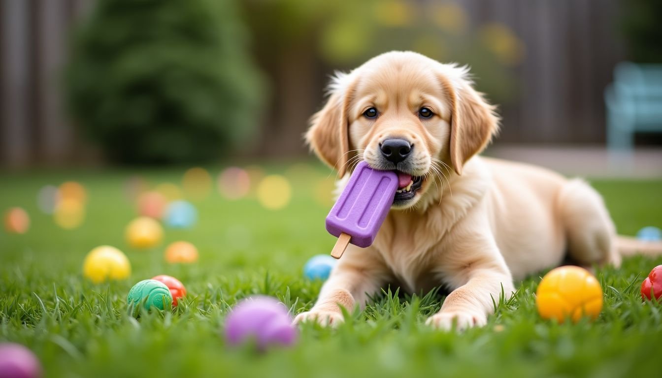 A playful golden retriever puppy is enjoying a frozen Pupsicle toy.