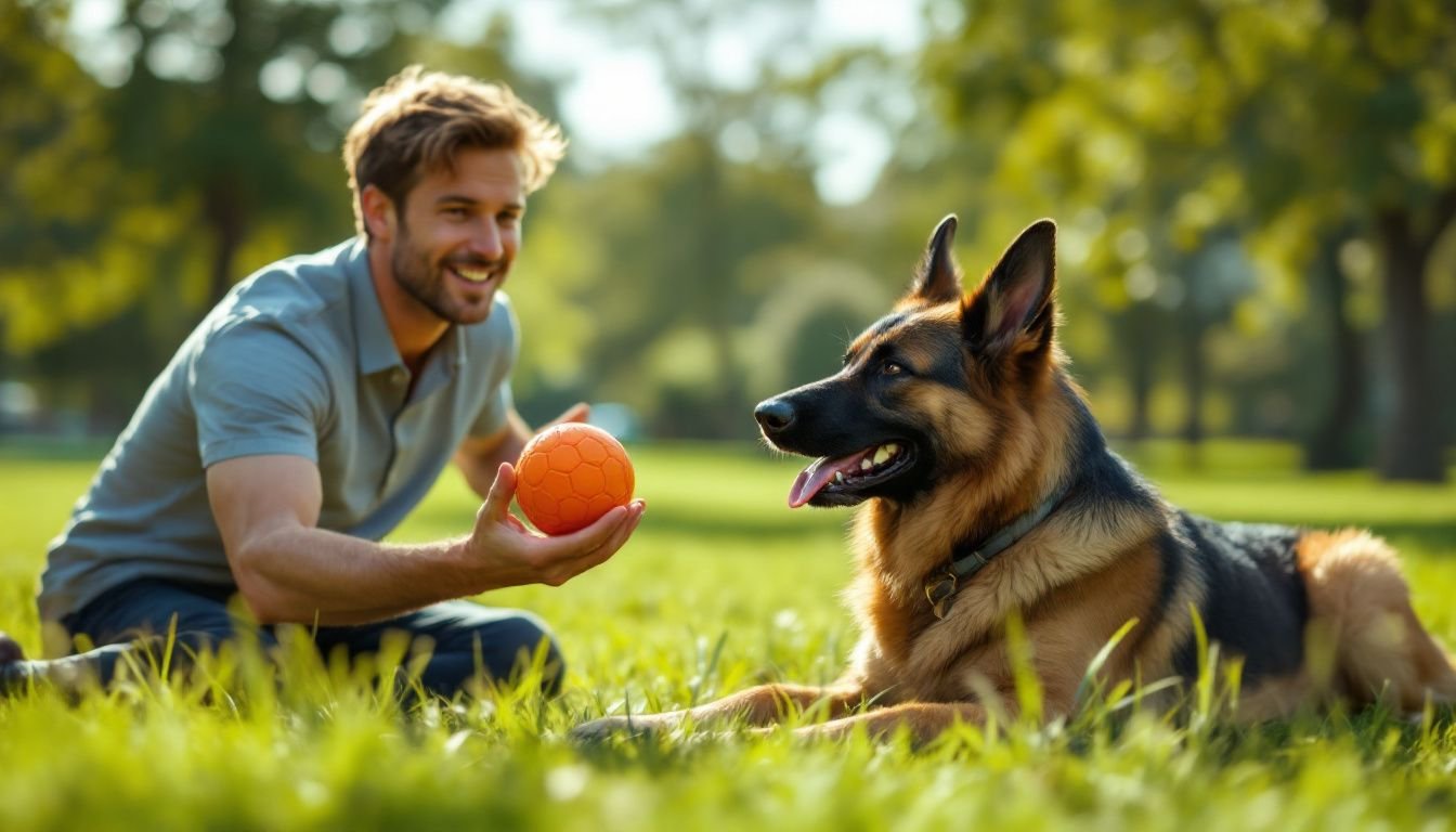A man in his 30s playing with his German Shepherd in a park.