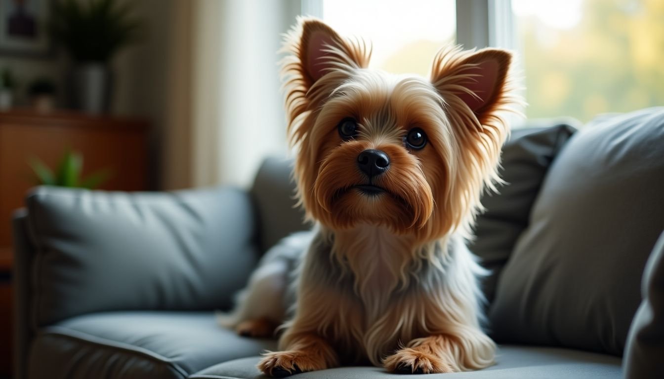 A Yorkshire Terrier sits on a cozy couch, looking affectionately at its owner.
