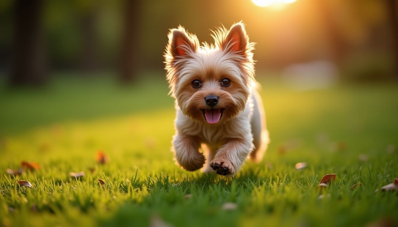 A Yorkshire Terrier happily runs in a green park at sunset.