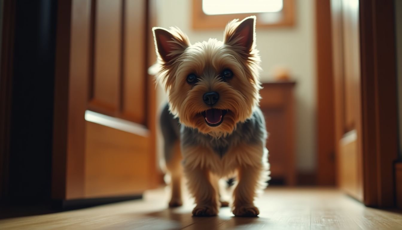 A Yorkshire Terrier barking at the front door of a cozy home.
