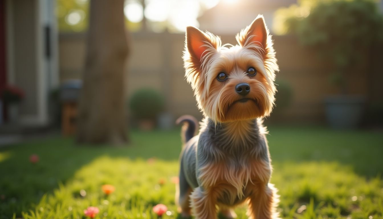 A confident Yorkshire Terrier stands in a sunlit backyard garden.