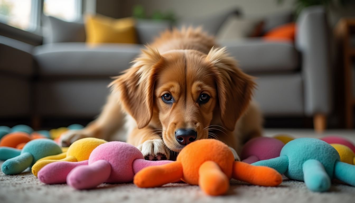 A playful dog digs through squeaky toys in a cozy room.