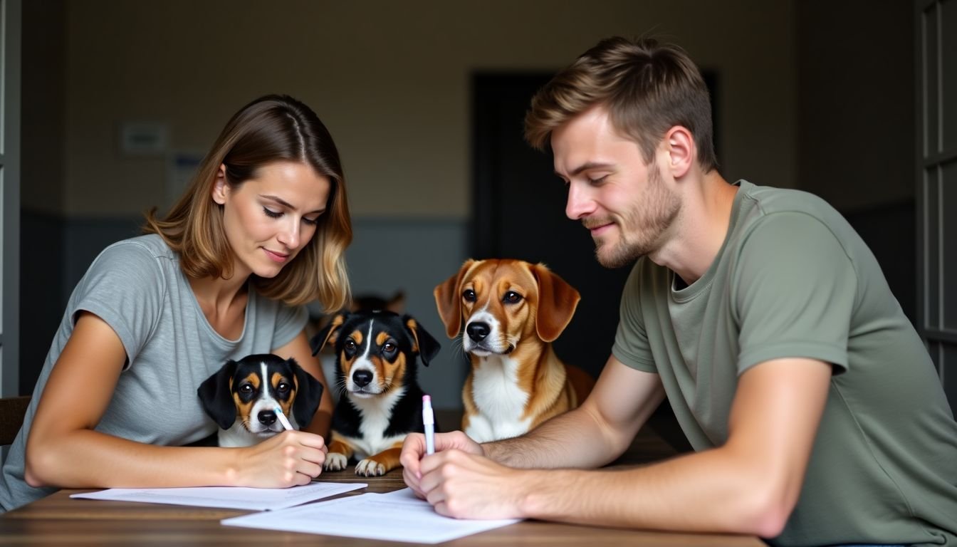 A couple fills out adoption forms at an animal shelter.