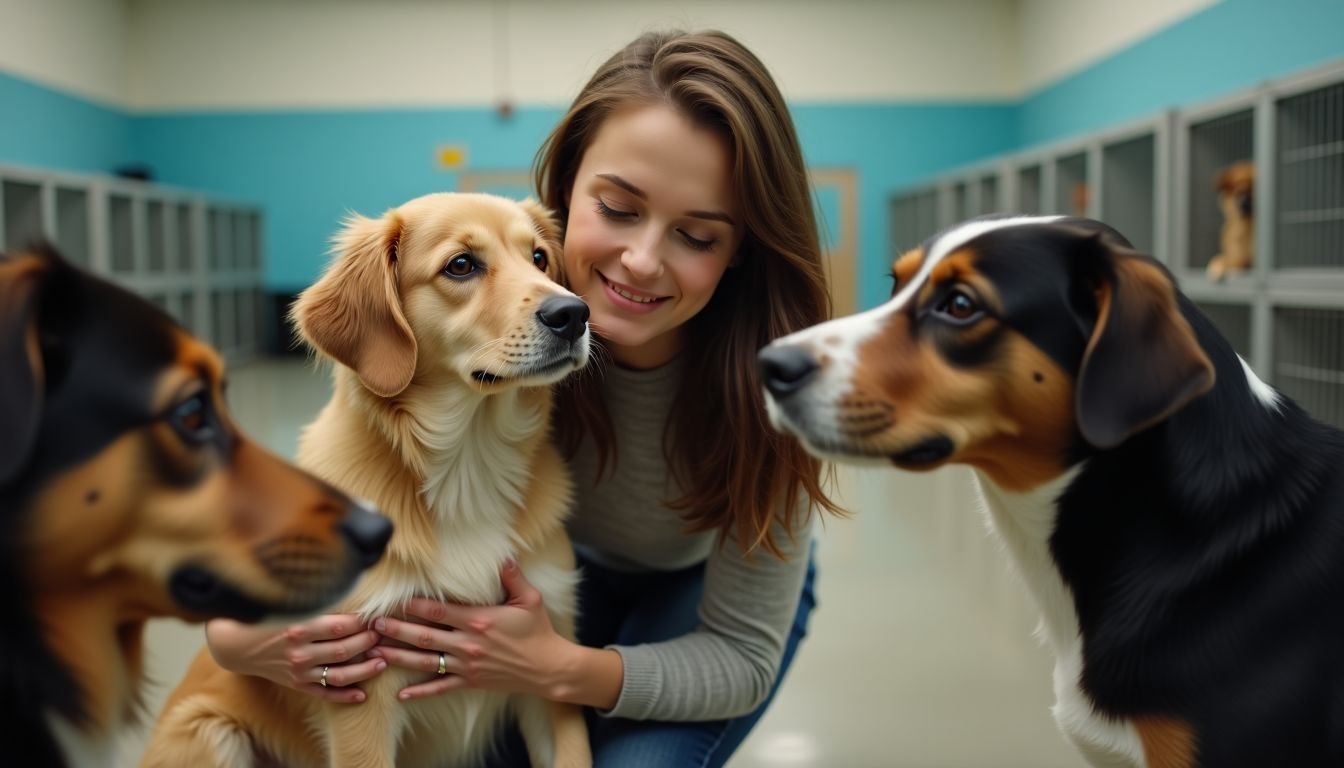 A woman in her 30s is comparing and interacting with various dogs at a local Humane Society.