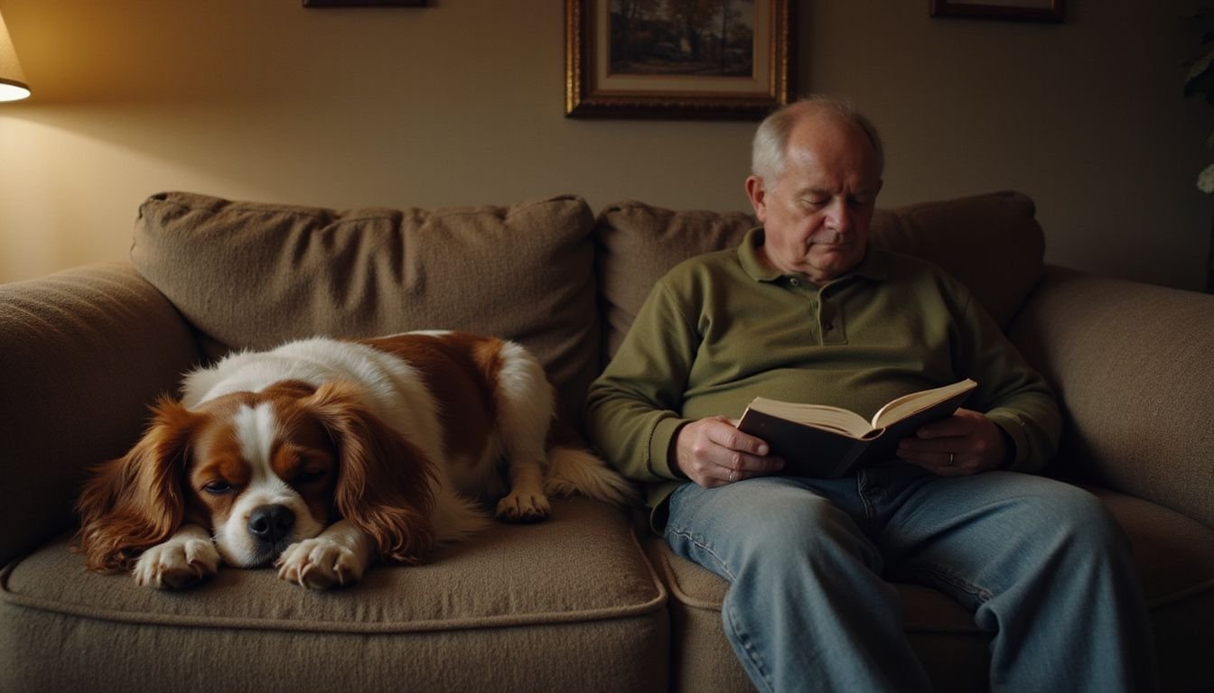 An older adult reads a book while a Cavalier King Charles Spaniel sleeps on a cozy sofa.