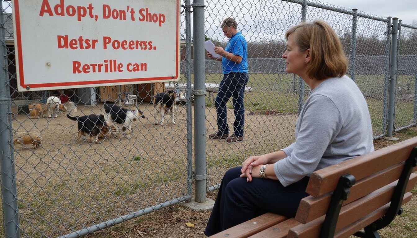 A woman sits outside an animal shelter watching dogs play, promoting adoption over buying.