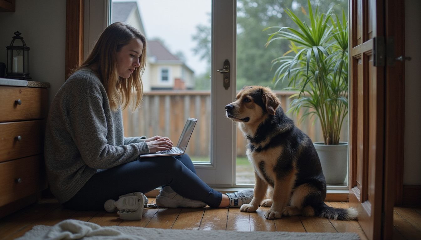 A woman works on her laptop while her dog waits for a walk.